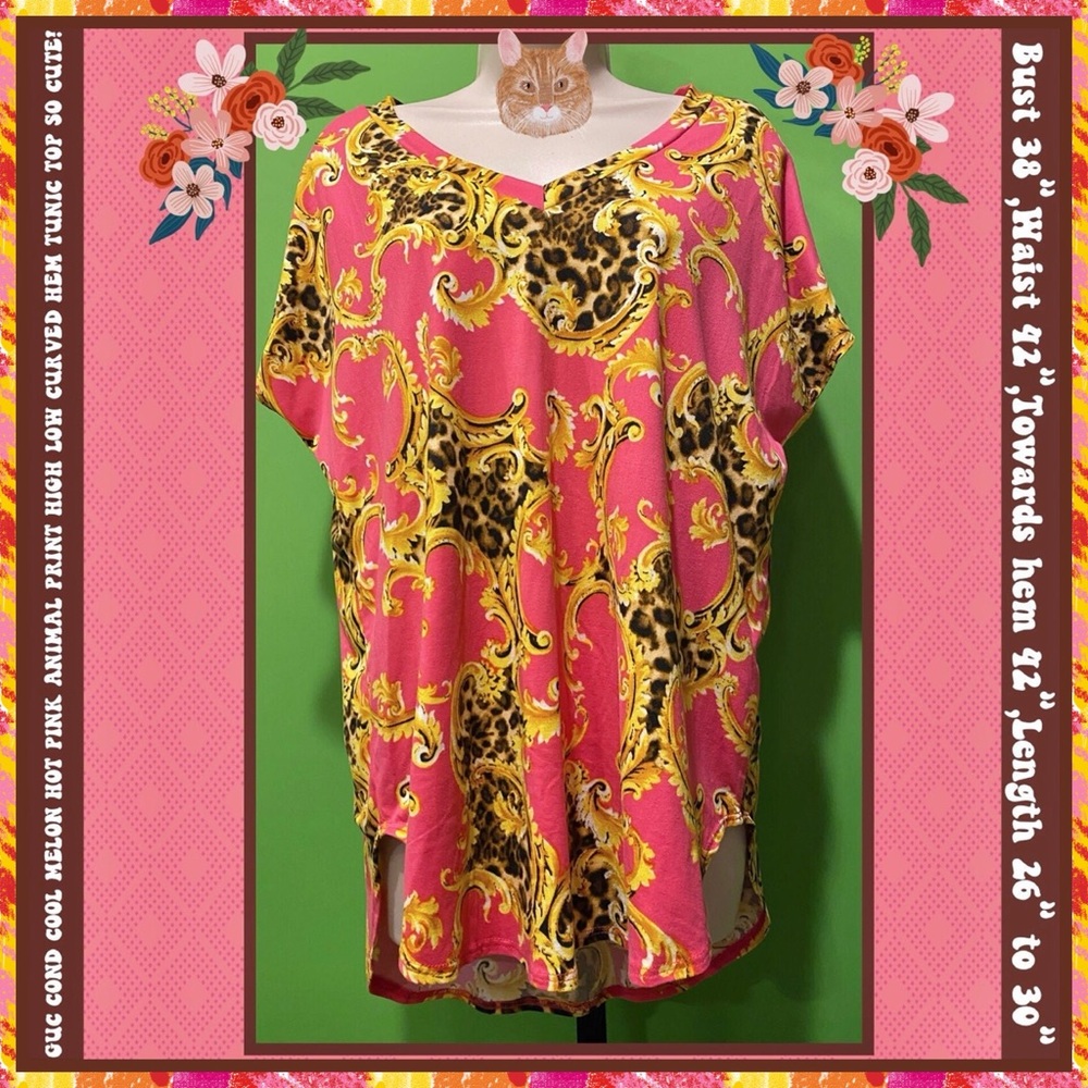GUC COOL MELON HOT BARBIE PINK ANIMAL PRINT HIGH LOW CURVED HEM TUNIC TOP CUTE!